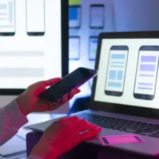 Laptop mit Code und Smartphone – technische Umsetzung mobiler und Ladezeit Optimierung.