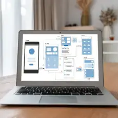 Mobile App-Wireframes auf Laptop präsentiert – praxisnahe Umsetzung in der UI & UX Optimierung.