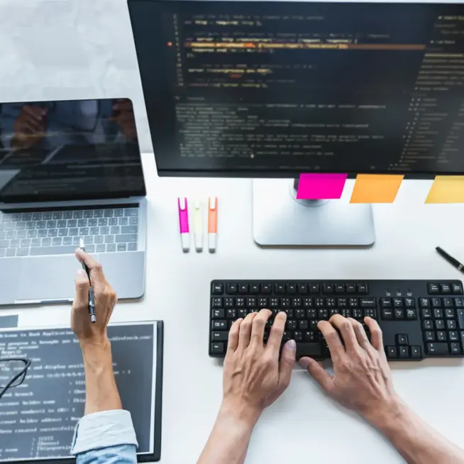 Team arbeitet an Bildschirm mit Design-Elementen – moderne Webdesign Leistungen für Relaunch und Modernisierung.